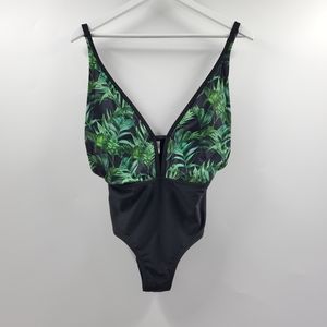 Black Tropical Palm Printed One Place Swim Suit Cutouts